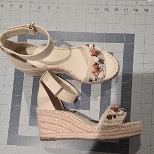 Franco Sarto Cream Espadrille Wedges with Shells And Beaded Details